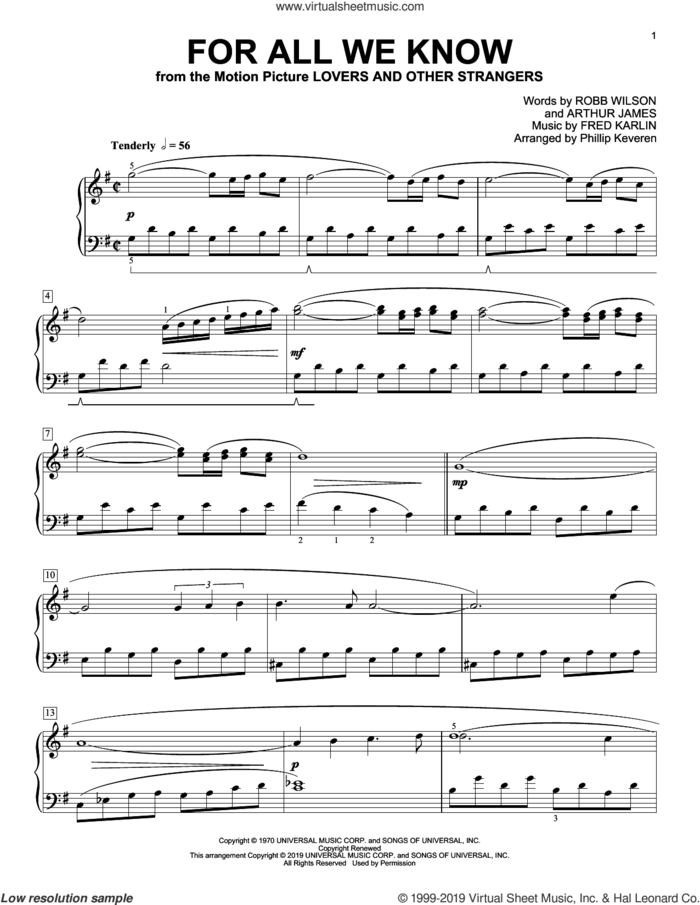 For All We Know (arr. Phillip Keveren) sheet music for piano solo by Carpenters, Phillip Keveren, Fred Karlin, James Griffin and Robb Wilson, intermediate skill level
