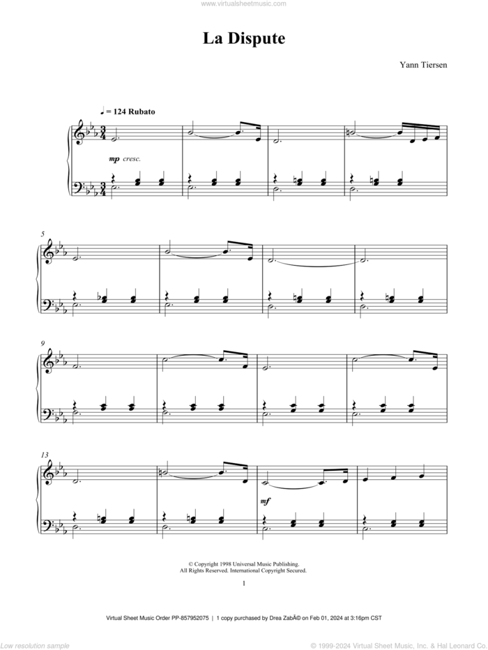 La Dispute sheet music for piano solo by Yann Tiersen, classical score, intermediate skill level