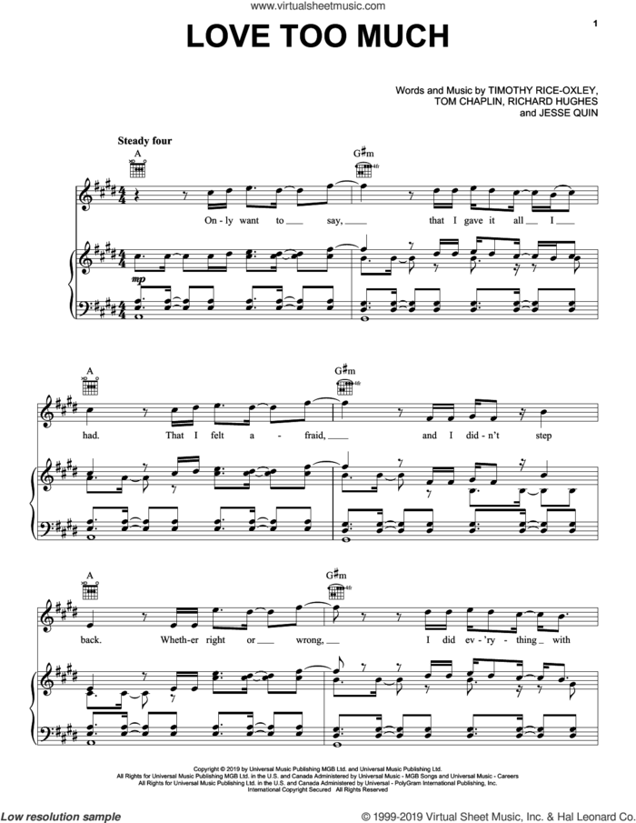 Love Too Much sheet music for voice, piano or guitar by Tim Rice-Oxley, Jesse Quin, Richard Hughes, Timothy Rice-Oxley and Tom Chaplin, intermediate skill level