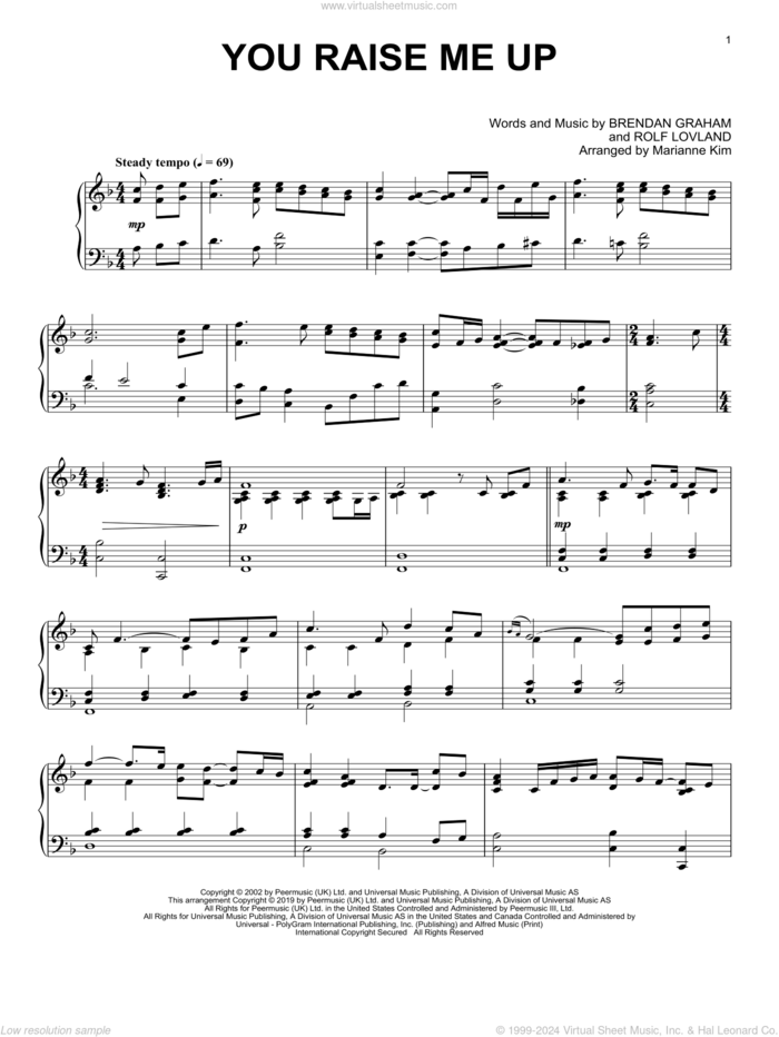 You Raise Me Up (arr. Marianne Kim) sheet music for piano solo by Josh Groban, Marianne Kim, Brendan Graham and Rolf Lovland, wedding score, intermediate skill level