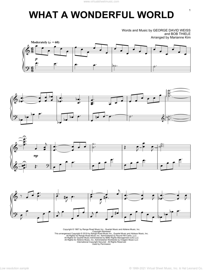 What A Wonderful World (arr. Marianne Kim) sheet music for piano solo by Louis Armstrong, Marianne Kim, Bob Thiele and George David Weiss, intermediate skill level
