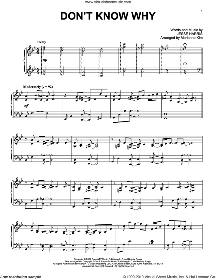 Don't Know Why (arr. Marianne Kim) sheet music for piano solo by Norah Jones, Marianne Kim and Jesse Harris, intermediate skill level
