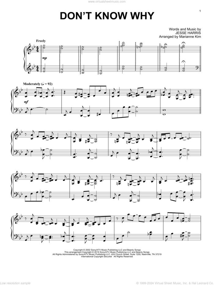 Don't Know Why (arr. Marianne Kim) sheet music for piano solo by Norah Jones, Marianne Kim and Jesse Harris, intermediate skill level