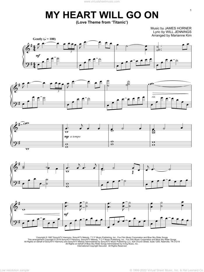My Heart Will Go On (Love Theme From 'Titanic') (arr. Marianne Kim) sheet music for piano solo by Celine Dion, Marianne Kim, James Horner and Will Jennings, wedding score, intermediate skill level