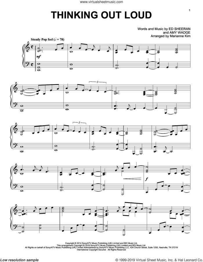 Thinking Out Loud (arr. Marianne Kim) sheet music for piano solo by Ed Sheeran, Marianne Kim and Amy Wadge, wedding score, intermediate skill level