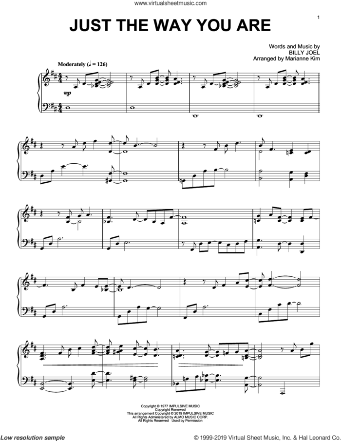 Just The Way You Are (arr. Marianne Kim) sheet music for piano solo by Billy Joel and Marianne Kim, wedding score, intermediate skill level