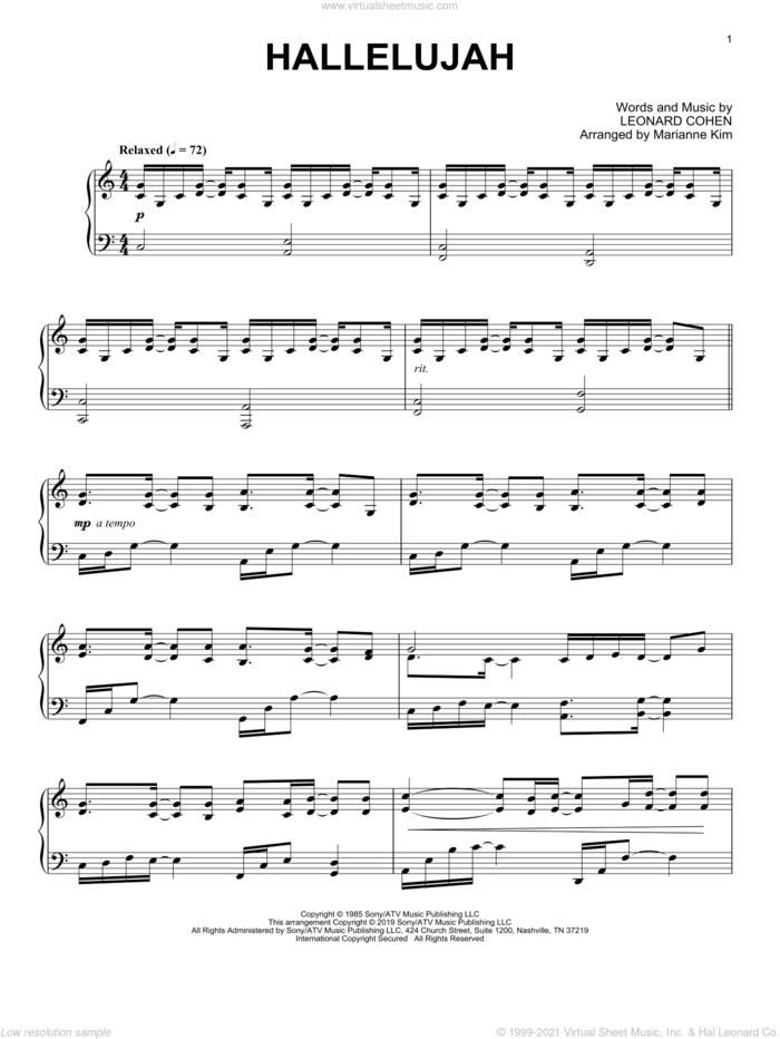 Hallelujah (arr. Marianne Kim) sheet music for piano solo by Leonard Cohen and Marianne Kim, intermediate skill level