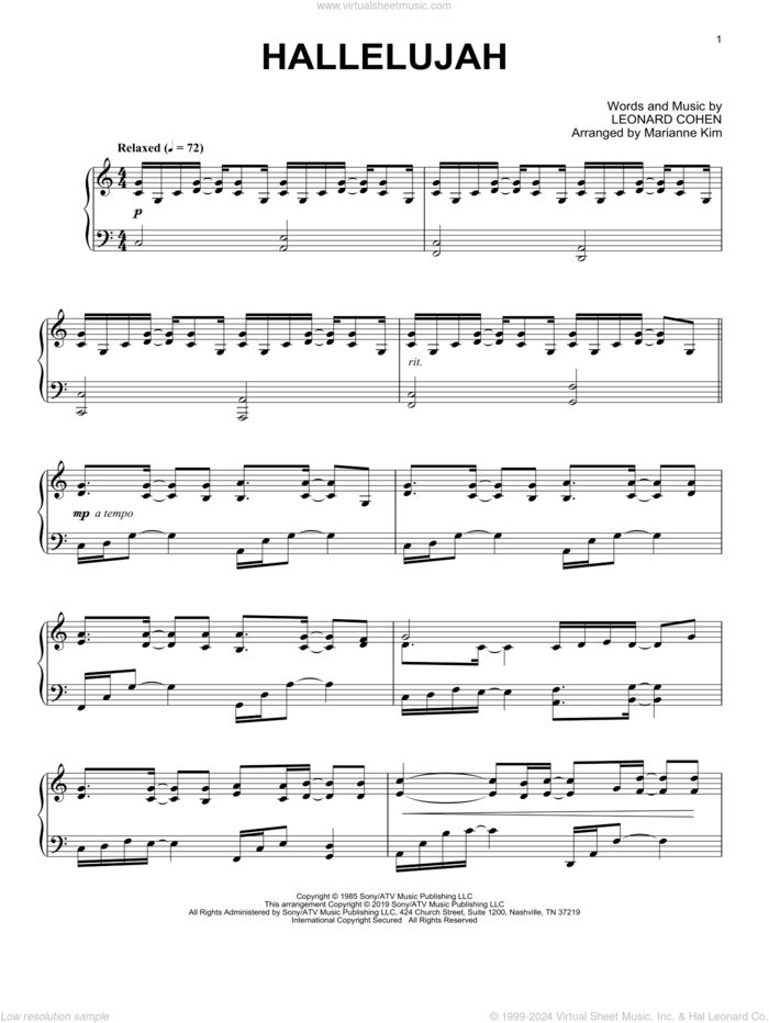 Hallelujah (arr. Marianne Kim) sheet music for piano solo by Leonard Cohen and Marianne Kim, intermediate skill level