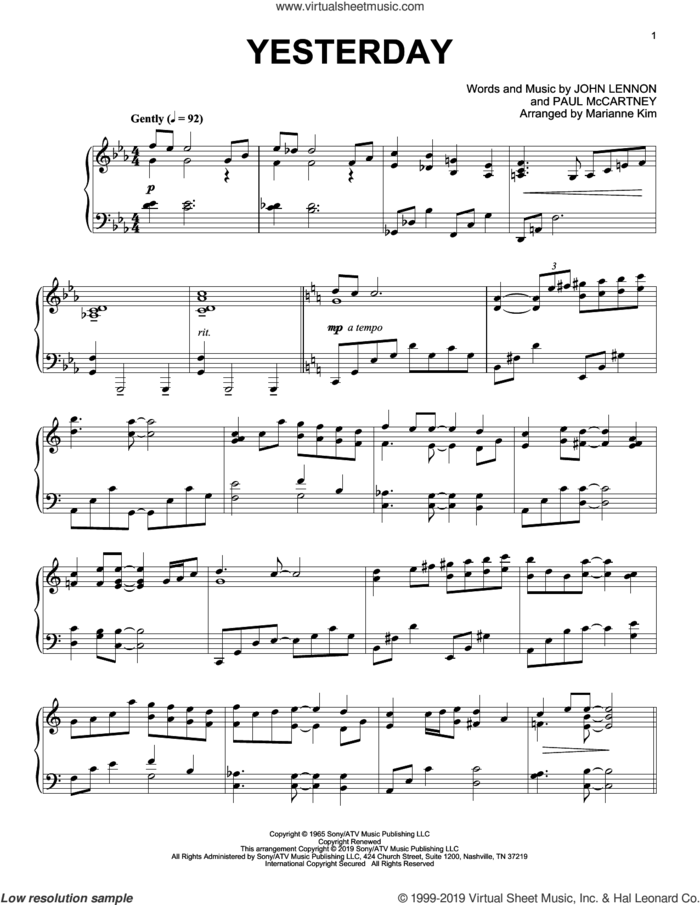 Yesterday (arr. Marianne Kim) sheet music for piano solo by The Beatles, Marianne Kim, John Lennon and Paul McCartney, intermediate skill level