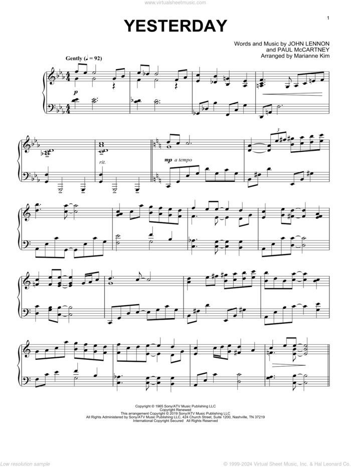 Yesterday (arr. Marianne Kim) sheet music for piano solo by The Beatles, Marianne Kim, John Lennon and Paul McCartney, intermediate skill level