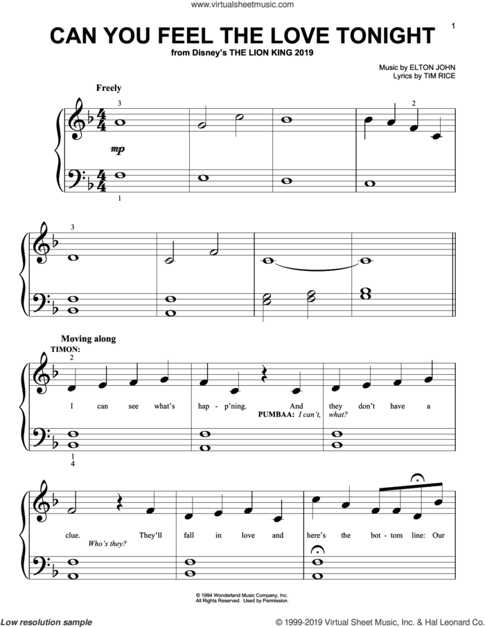 Can You Feel The Love Tonight (from The Lion King 2019) sheet music for piano solo (big note book) by Elton John and Tim Rice, wedding score, easy piano (big note book)