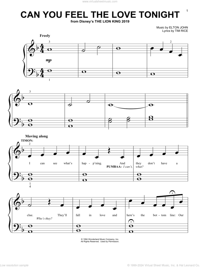 Can You Feel The Love Tonight (from The Lion King 2019) sheet music for piano solo (big note book) by Elton John and Tim Rice, wedding score, easy piano (big note book)