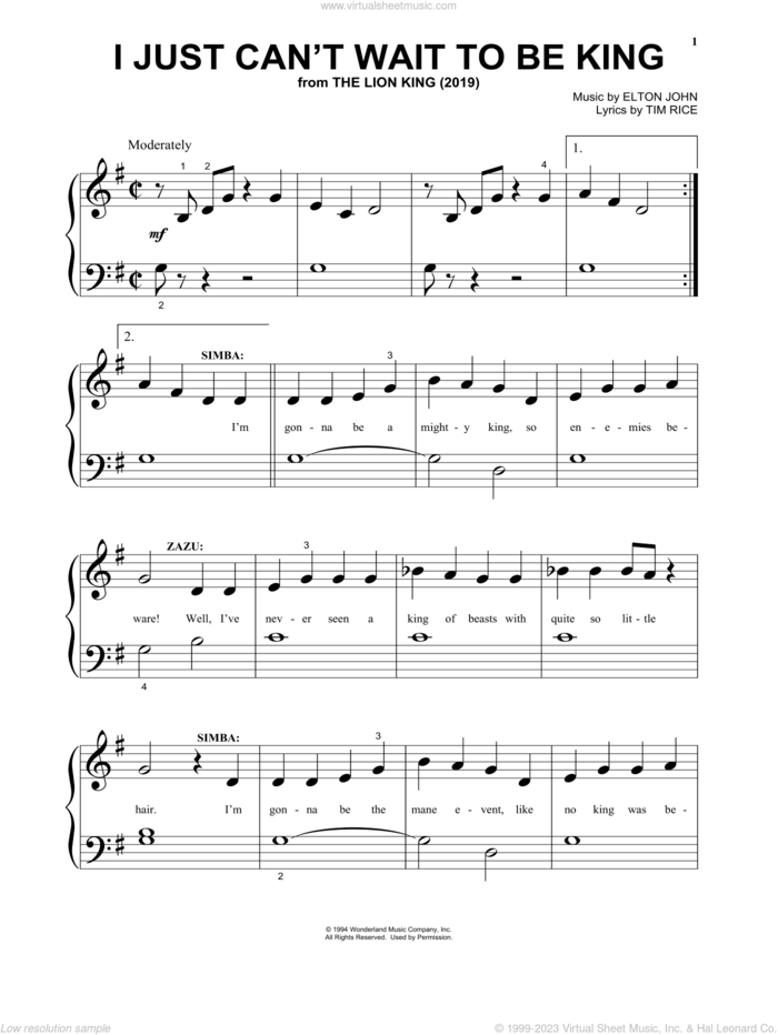 I Just Can't Wait To Be King (from The Lion King 2019) sheet music for piano solo by Elton John and Tim Rice, beginner skill level
