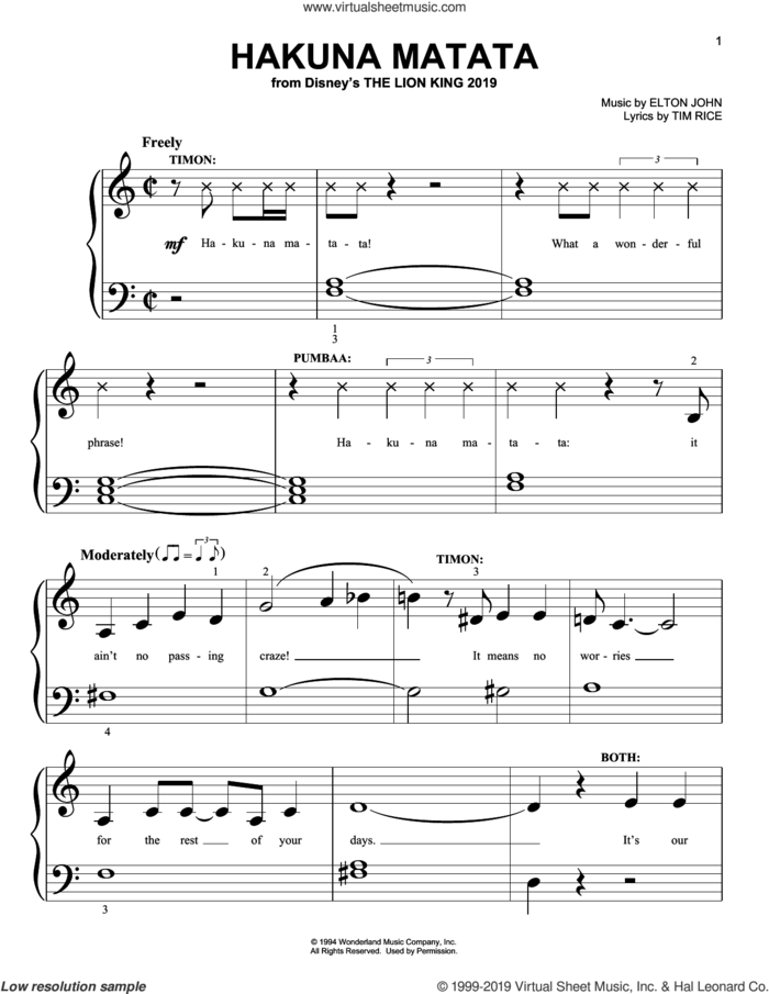 Hakuna Matata (from The Lion King 2019) sheet music for piano solo (big note book) by Elton John, Jimmy Cliff featuring Lebo M and Tim Rice, easy piano (big note book)