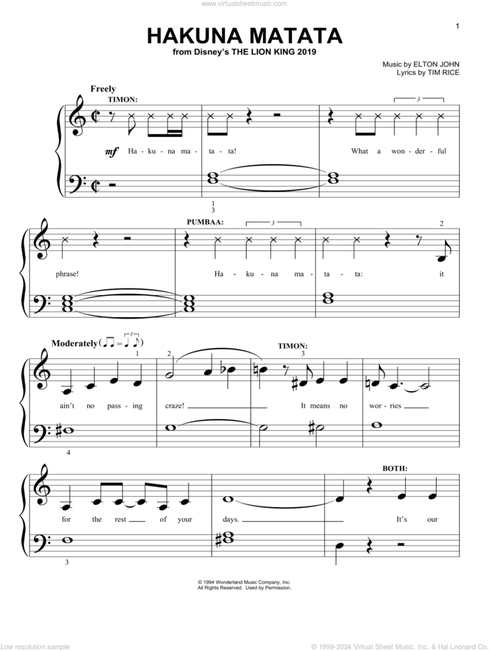 Hakuna Matata (from The Lion King 2019) sheet music for piano solo (big note book) by Elton John, Jimmy Cliff featuring Lebo M and Tim Rice, easy piano (big note book)