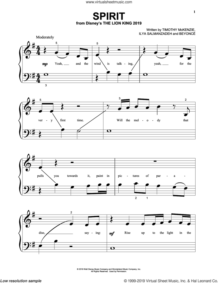 Spirit (from The Lion King 2019), (beginner) sheet music for piano solo by Beyonce, Ilya Salmanzadeh and Timothy McKenzie, beginner skill level