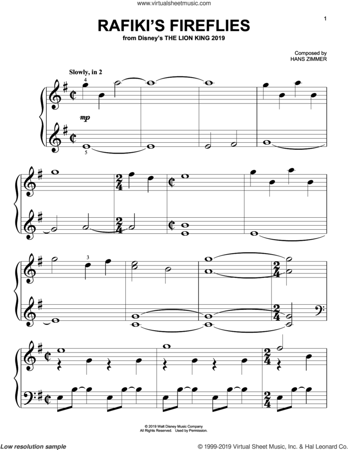 Rafiki's Fireflies (from The Lion King 2019) sheet music for piano solo (big note book) by Hans Zimmer, easy piano (big note book)