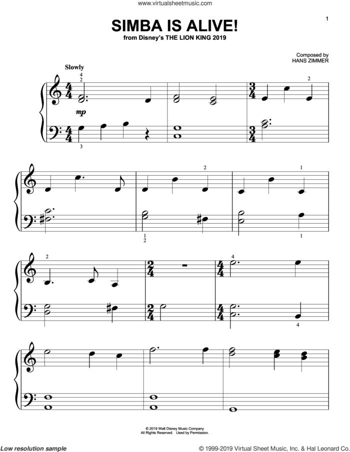 Simba Is Alive! (from The Lion King 2019) sheet music for piano solo (big note book) by Hans Zimmer, easy piano (big note book)