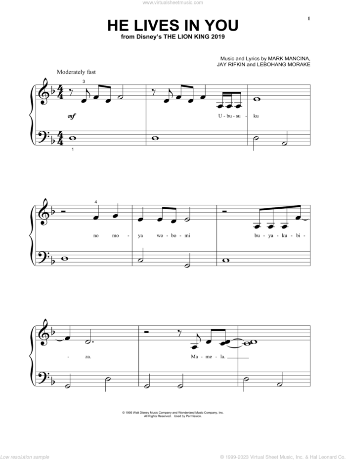 He Lives In You (from The Lion King 2019) sheet music for piano solo (big note book) by Lebo M., Jay Rifkin, Lebohang Morake and Mark Mancina, easy piano (big note book)