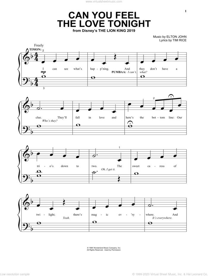Can You Feel The Love Tonight (from The Lion King 2019), (beginner) sheet music for piano solo by Elton John and Tim Rice, wedding score, beginner skill level