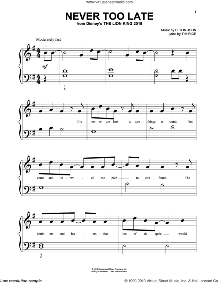 Never Too Late (from The Lion King 2019) sheet music for piano solo by Elton John and Tim Rice, beginner skill level
