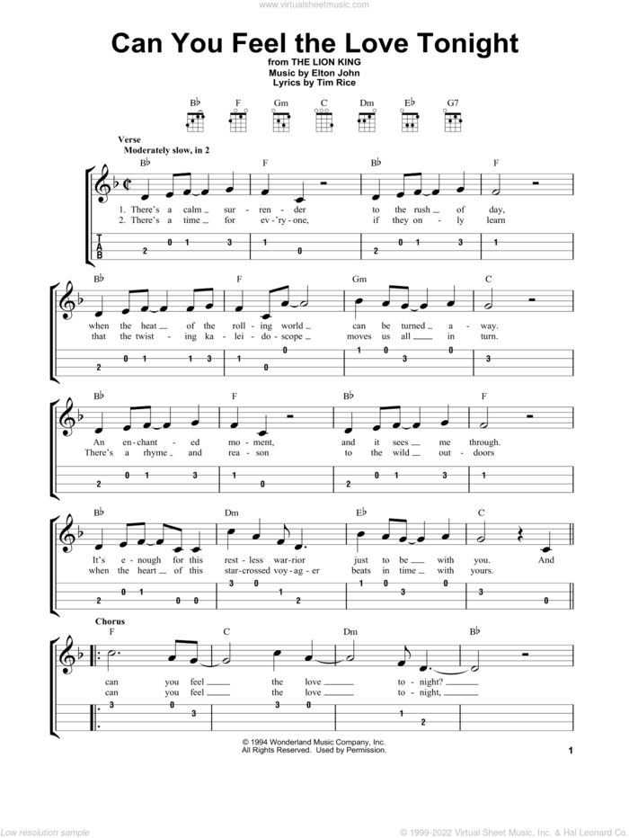 Can You Feel The Love Tonight (from The Lion King) sheet music for ukulele (easy tablature) (ukulele easy tab) by Elton John and Tim Rice, wedding score, intermediate skill level