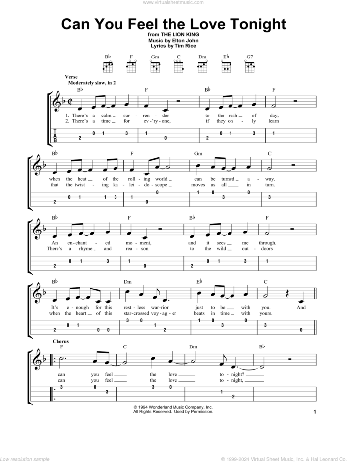 Can You Feel The Love Tonight (from The Lion King) sheet music for ukulele (easy tablature) (ukulele easy tab) by Elton John and Tim Rice, wedding score, intermediate skill level