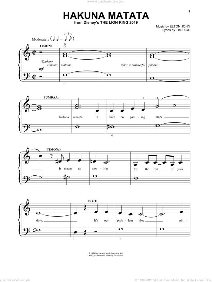 Hakuna Matata (from The Lion King 2019) sheet music for piano solo (big note book) by Elton John, Jimmy Cliff featuring Lebo M and Tim Rice, easy piano (big note book)