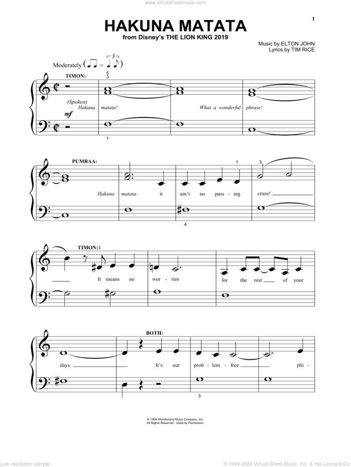 Hakuna Matata (from The Lion King 2019) sheet music for piano solo by Elton John, Jimmy Cliff featuring Lebo M and Tim Rice, beginner skill level