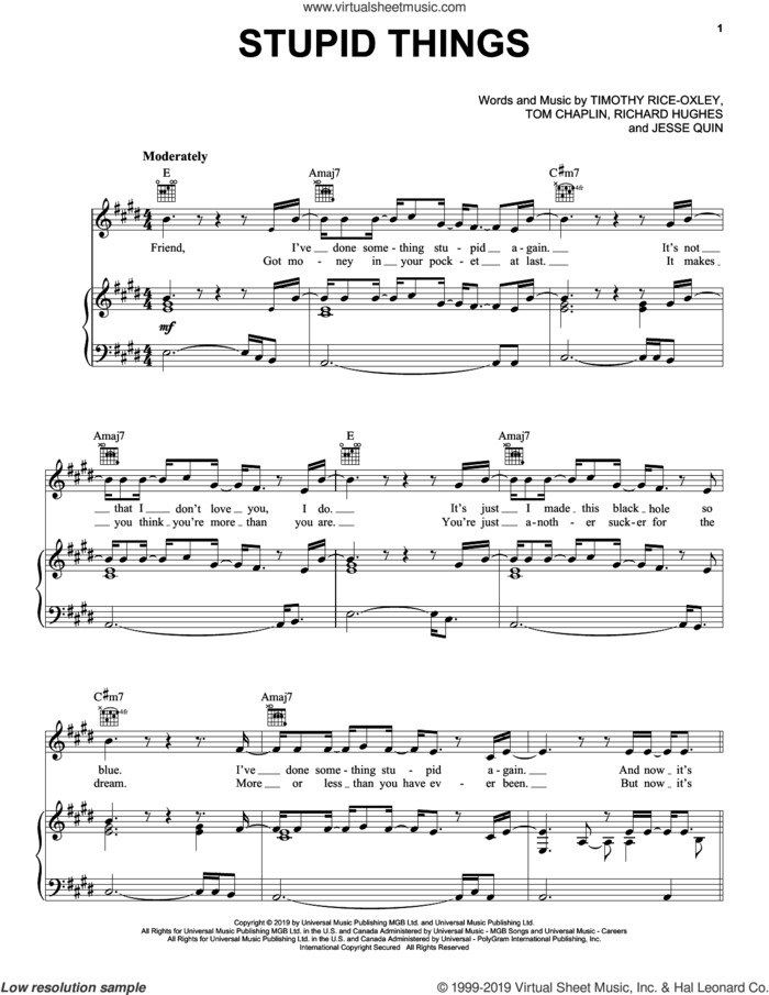 Stupid Things sheet music for voice, piano or guitar by Tim Rice-Oxley, Jesse Quin, Richard Hughes, Timothy Rice-Oxley and Tom Chaplin, intermediate skill level