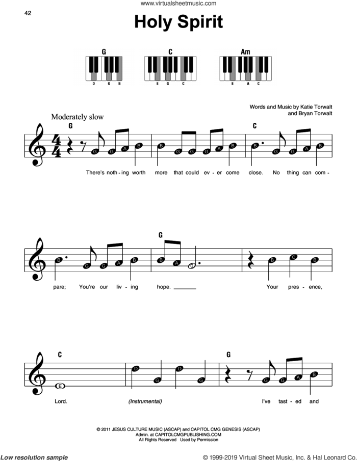 Holy Spirit, (beginner) sheet music for piano solo by Francesca Battistelli, Bryan Torwalt and Katie Torwalt, beginner skill level