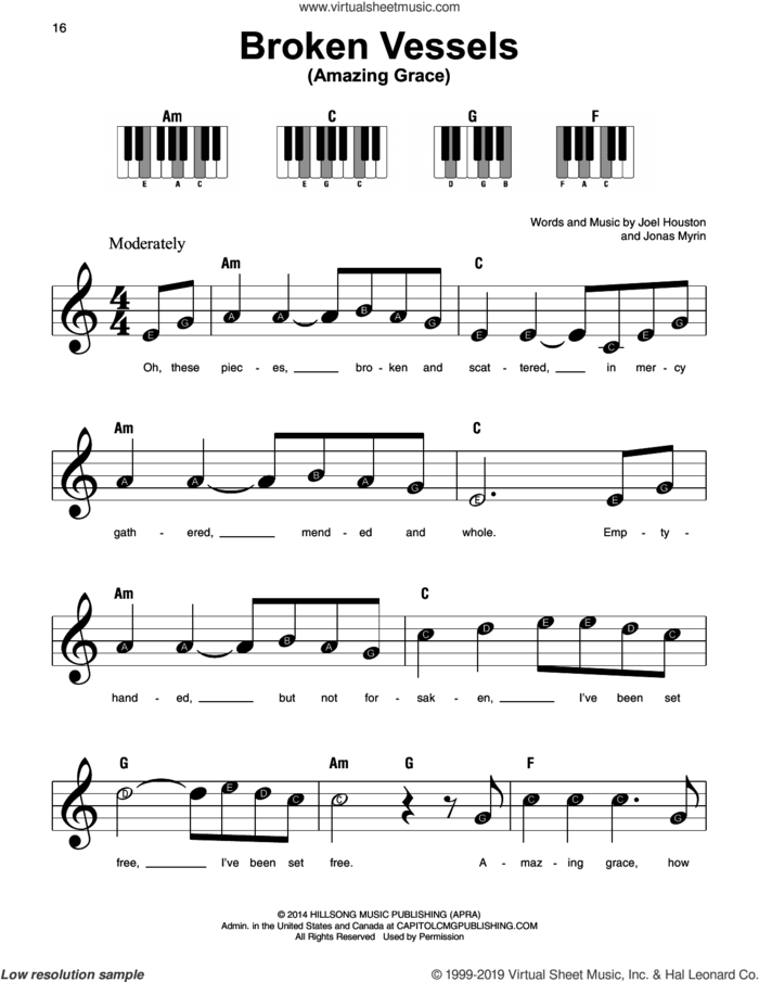 Broken Vessels (Amazing Grace) sheet music for piano solo by Hillsong Worship, Joel Houston and Jonas Myrin, beginner skill level