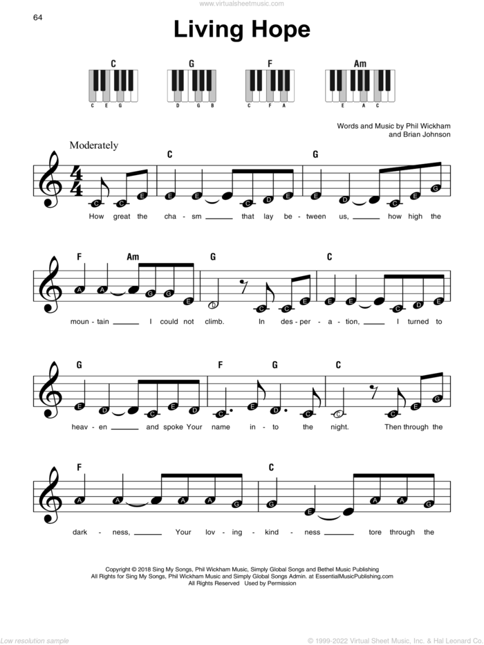 Living Hope, (beginner) sheet music for piano solo by Phil Wickham and Brian Johnson, beginner skill level