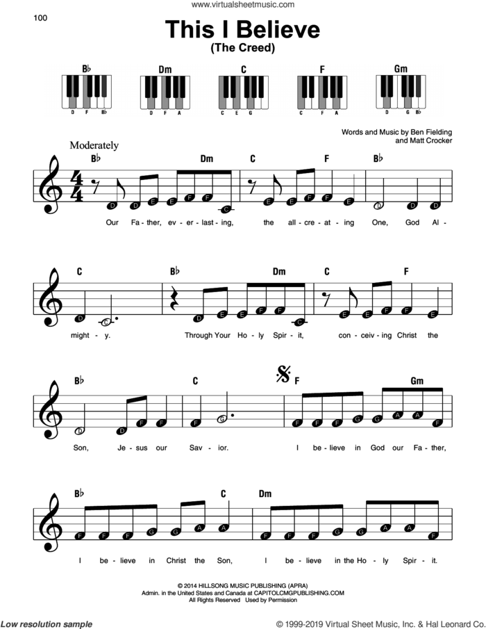This I Believe (The Creed), (beginner) sheet music for piano solo by Hillsong Worship, Ben Fielding and Matt Crocker, beginner skill level