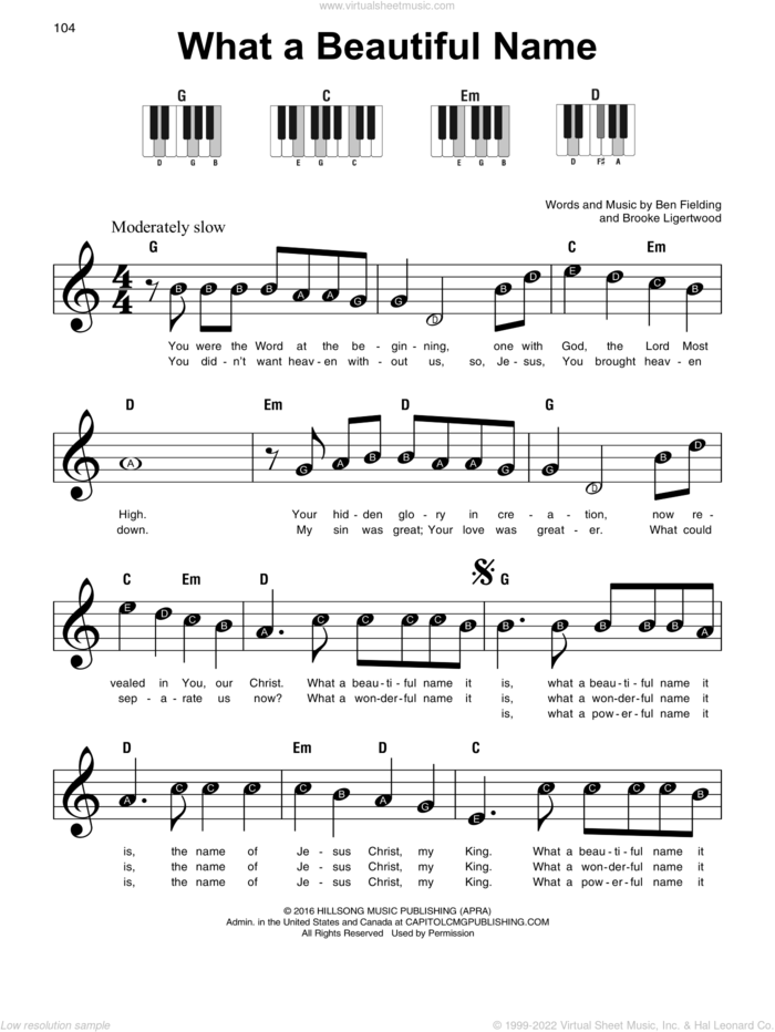 What A Beautiful Name sheet music for piano solo by Hillsong Worship, Ben Fielding and Brooke Ligertwood, beginner skill level