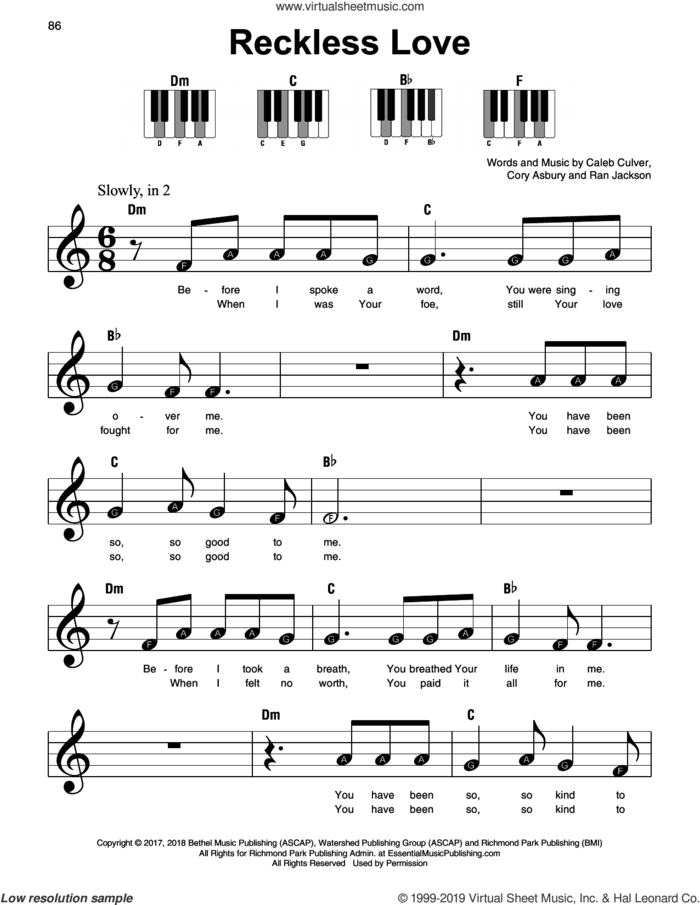 Reckless Love, (beginner) sheet music for piano solo by Cory Asbury, Caleb Culver and Ran Jackson, beginner skill level