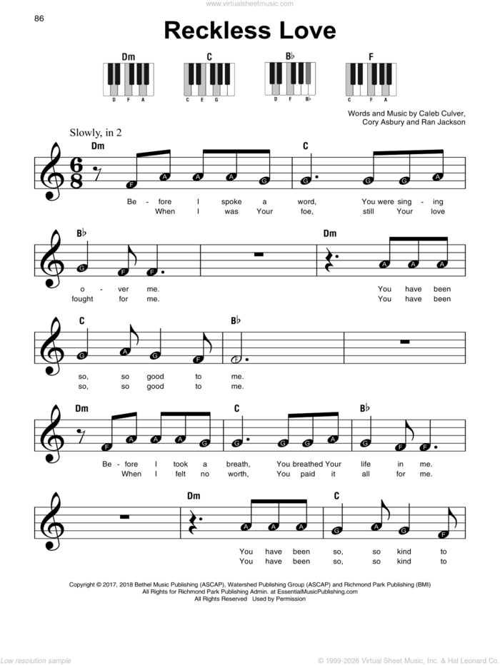 Reckless Love, (beginner) sheet music for piano solo by Cory Asbury, Caleb Culver and Ran Jackson, beginner skill level
