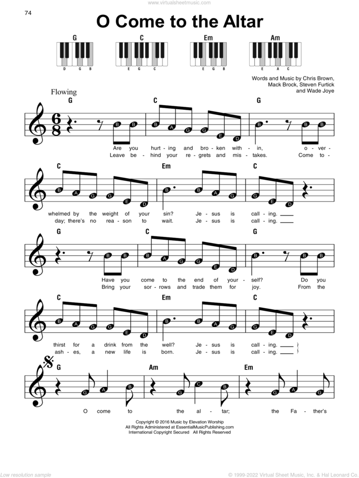 O Come To The Altar, (beginner) sheet music for piano solo by Elevation Worship, Chris Brown, Mack Brock, Steven Furtick and Wade Joye, beginner skill level