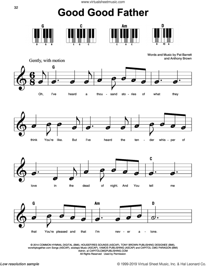 Good Good Father, (beginner) sheet music for piano solo by Chris Tomlin, Anthony Brown and Pat Barrett, beginner skill level
