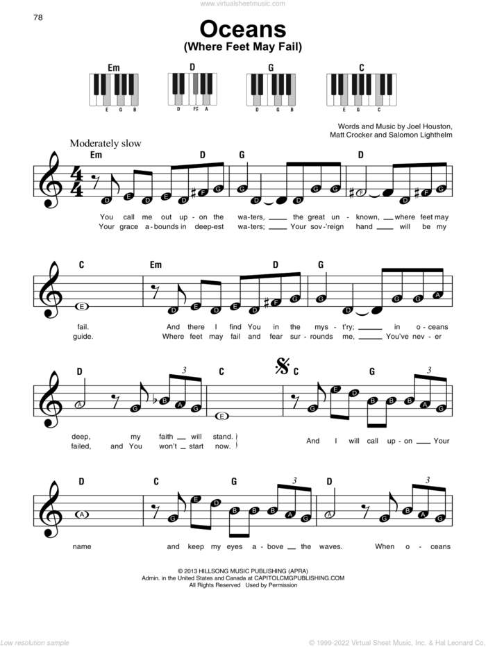 Oceans (Where Feet May Fail), (beginner) sheet music for piano solo by Hillsong United, Joel Houston, Matt Crocker and Salomon Lighthelm, beginner skill level
