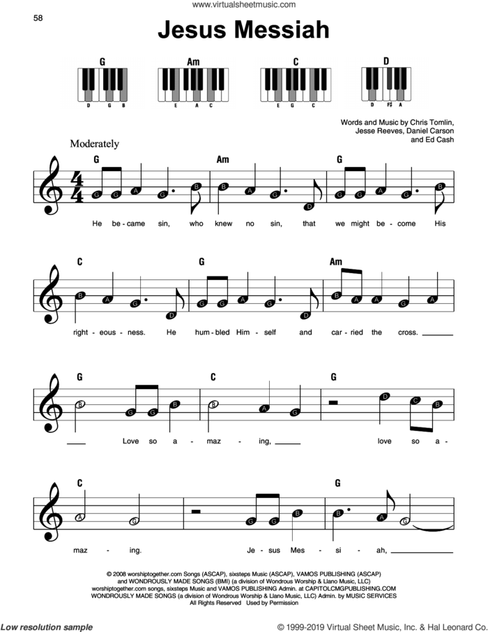 Jesus Messiah, (beginner) sheet music for piano solo by Chris Tomlin, Daniel Carson, Ed Cash and Jesse Reeves, beginner skill level