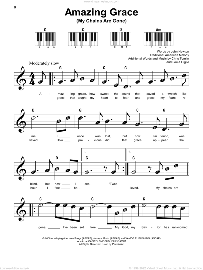 Amazing Grace (My Chains Are Gone), (beginner) (My Chains Are Gone) sheet music for piano solo by Chris Tomlin, John Newton, Louie Giglio and Miscellaneous, beginner skill level