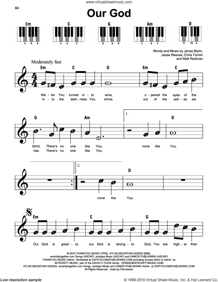 Our God sheet music for piano solo by Chris Tomlin, Jesse Reeves, Jonas Myrin and Matt Redman, beginner skill level