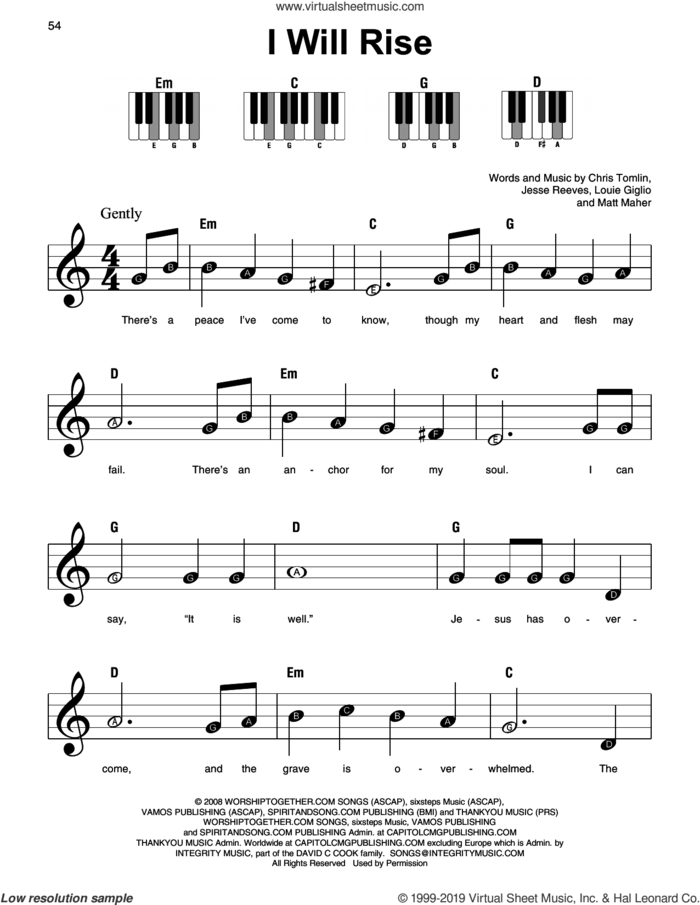 I Will Rise, (beginner) sheet music for piano solo by Chris Tomlin, Jesse Reeves, Louis Giglio and Matt Maher, beginner skill level