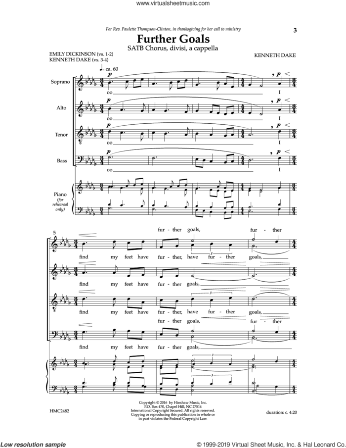 Further Goals sheet music for choir (SATB: soprano, alto, tenor, bass) by Kenneth Dake and Emily Dickinson, intermediate skill level