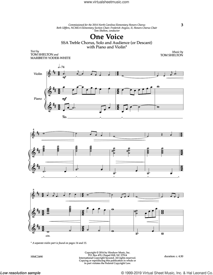 One Voice sheet music for choir (SSA: soprano, alto) by Tom Shelton and Maribeth Yoder-White, intermediate skill level