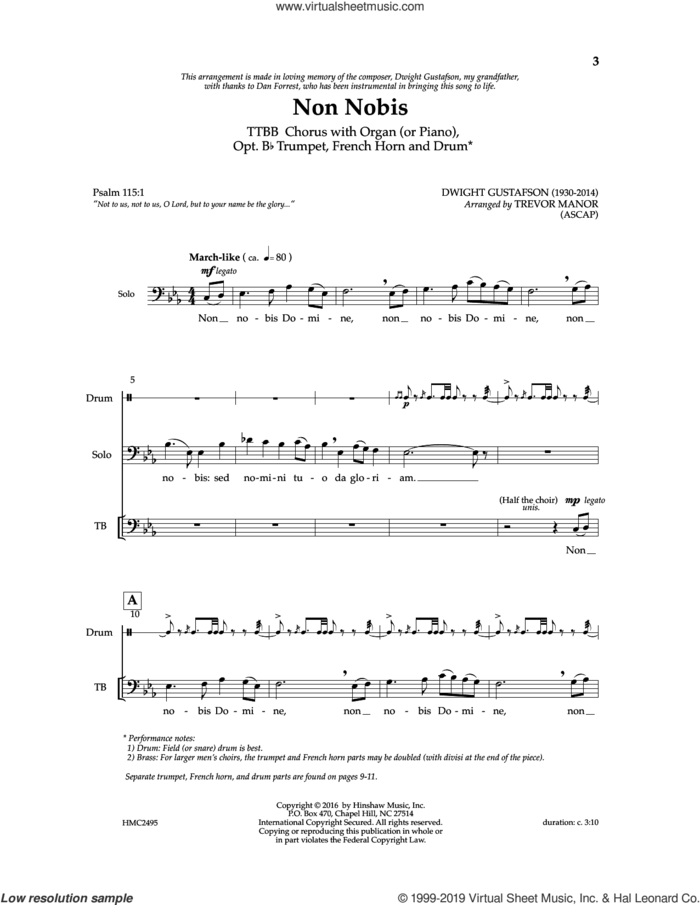 Non Nobis (arr. Trevor Manor) sheet music for choir (TTBB: tenor, bass) by Dwight Gustafson and Trevor Manor, intermediate skill level