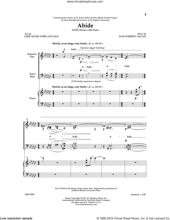 Abide sheet music for choir (SATB: soprano, alto, tenor, bass) by Dan Forrest and Jake Adam York, intermediate skill level