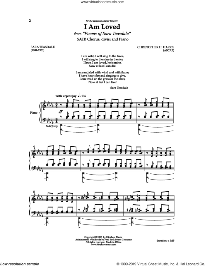 I Am Loved sheet music for choir (SATB: soprano, alto, tenor, bass) by Christopher Harris and Sara Teasdale, intermediate skill level