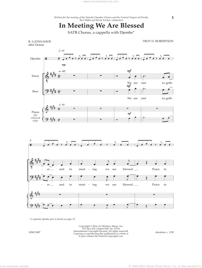 In Meeting We Are Blessed sheet music for choir (SATB: soprano, alto, tenor, bass) by Troy Robertson, John Donne and R. Gatsnahos, intermediate skill level